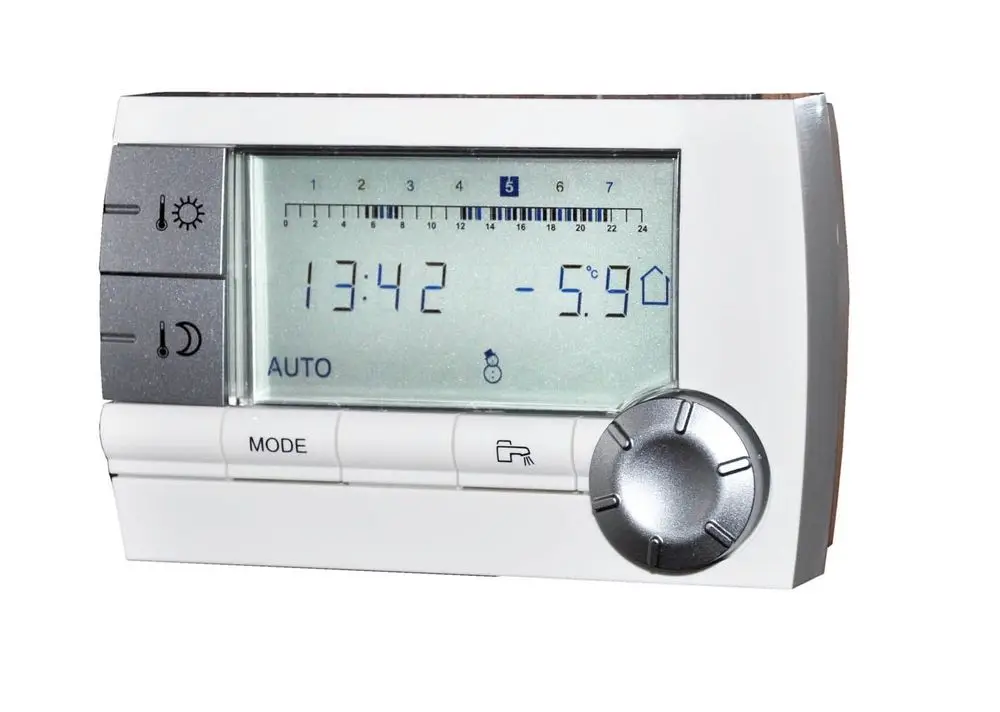 Remeha Heizungssteuerung mit digitalem Display, Temperaturanzeige von -5.9 °C, Uhrzeit 13:42, verschiedene Bedienknöpfe und Moduswahl.